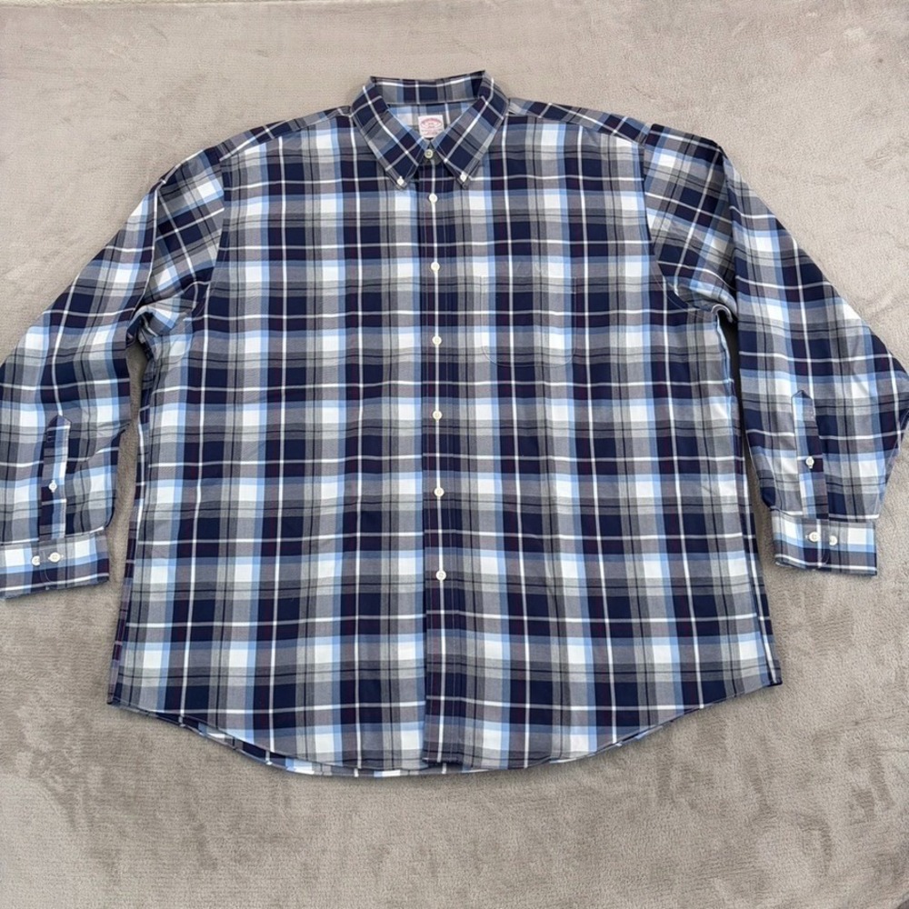 Brooks Brothers Non Iron Shirt in Blue Grey Plaid Men 2XL Long Sleeve Pocket
